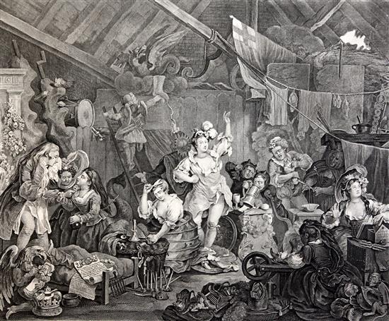 William Hogarth Morning, Noon, Evening and Night and Strolling Actresses dressing in a barn, 19.5 x 16in. & 18 x 22.5in., unframed